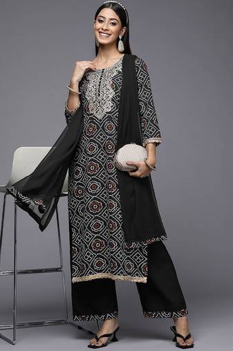 Women Black Bandhani Printed Pure Cotton Kurta with Palazzos & With Dupatta