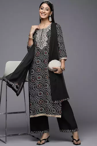 Women Black Bandhani Printed Pure Cotton Kurta with Palazzos & With Dupatta