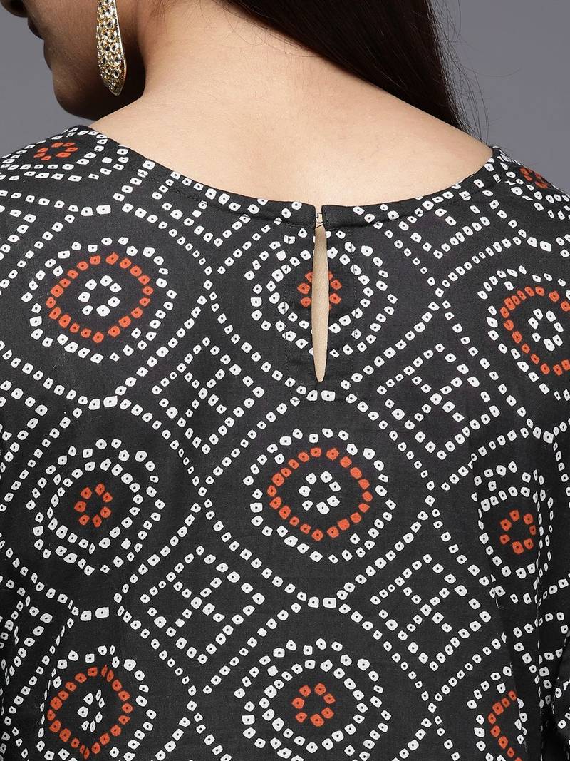 Women Black Bandhani Printed Pure Cotton Kurta with Palazzos & With Dupatta
