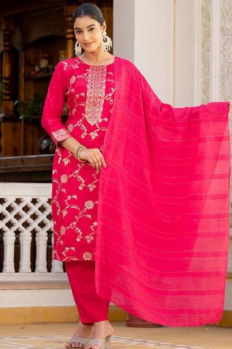Regular Chanderi Silk Kurta with Trouser & Dupatta