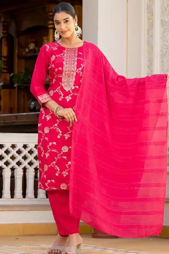 Regular Chanderi Silk Kurta with Trouser & Dupatta