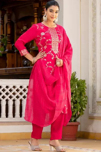 Regular Chanderi Silk Kurta with Trouser & Dupatta
