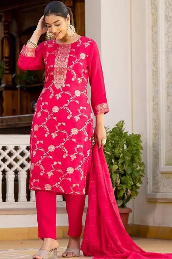 Regular Chanderi Silk Kurta with Trouser & Dupatta