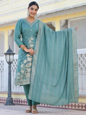 Floral Embroidered Regular Woven Design Pure Silk Kurta with Trouser & Dupatta 1