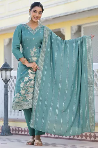 Floral Embroidered Regular Woven Design Pure Silk Kurta with Trouser & Dupatta