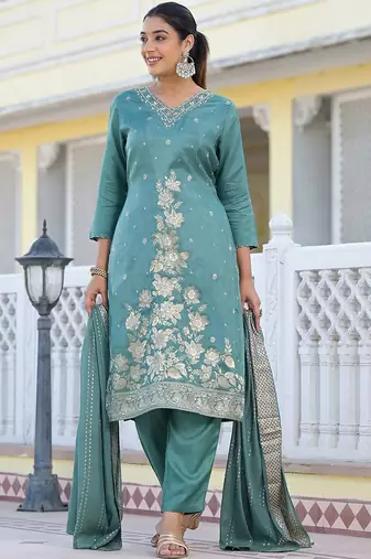 Floral Embroidered Regular Woven Design Pure Silk Kurta with Trouser & Dupatta