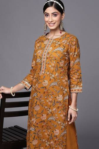 Women Mustard Yellow Floral Printed Panelled Gotta Patti Pure Cotton Kurta with Palazzos