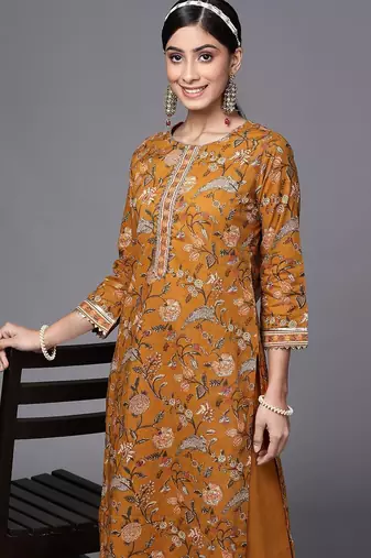 Women Mustard Yellow Floral Printed Panelled Gotta Patti Pure Cotton Kurta with Palazzos