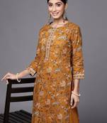 Women Mustard Yellow Floral Printed Panelled Gotta Patti Pure Cotton Kurta with Palazzos