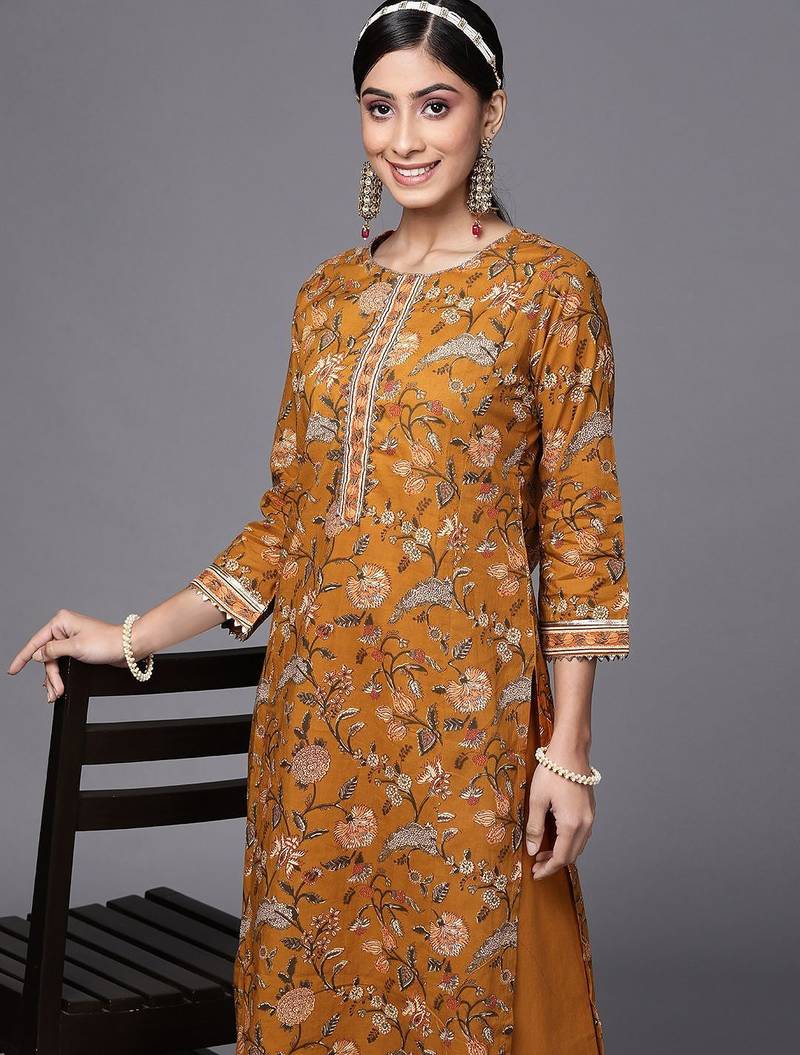 Women Mustard Yellow Floral Printed Panelled Gotta Patti Pure Cotton Kurta with Palazzos