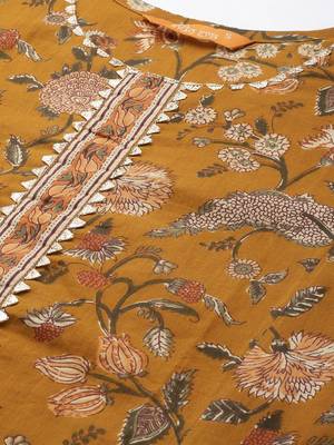 Women Mustard Yellow Floral Printed Panelled Gotta Patti Pure Cotton Kurta with Palazzos 2