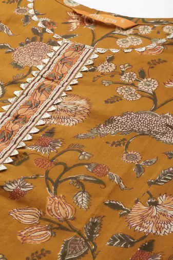 Women Mustard Yellow Floral Printed Panelled Gotta Patti Pure Cotton Kurta with Palazzos
