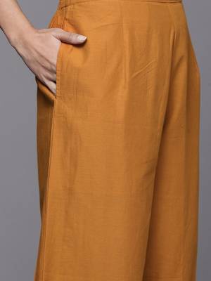 Women Mustard Yellow Floral Printed Panelled Gotta Patti Pure Cotton Kurta with Palazzos 3