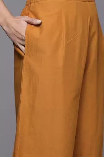 Women Mustard Yellow Floral Printed Panelled Gotta Patti Pure Cotton Kurta with Palazzos