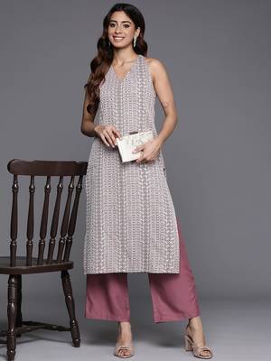 Mauve Floral Woven Design Sleeveless Straight Kurta with Palazzos 1