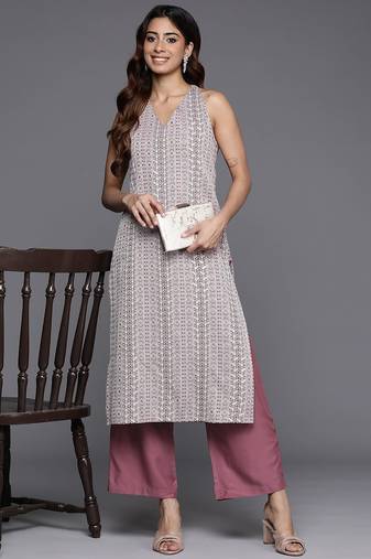 Mauve Floral Woven Design Sleeveless Straight Kurta with Palazzos