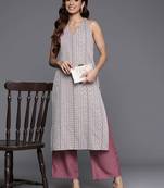 Mauve Floral Woven Design Sleeveless Straight Kurta with Palazzos