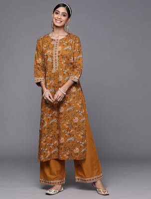 Women Mustard Yellow Floral Printed Panelled Gotta Patti Pure Cotton Kurta with Palazzos 4