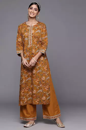 Women Mustard Yellow Floral Printed Panelled Gotta Patti Pure Cotton Kurta with Palazzos