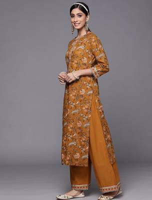 Women Mustard Yellow Floral Printed Panelled Gotta Patti Pure Cotton Kurta with Palazzos 5