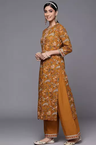 Women Mustard Yellow Floral Printed Panelled Gotta Patti Pure Cotton Kurta with Palazzos