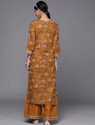 Women Mustard Yellow Floral Printed Panelled Gotta Patti Pure Cotton Kurta with Palazzos 6