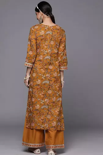 Women Mustard Yellow Floral Printed Panelled Gotta Patti Pure Cotton Kurta with Palazzos