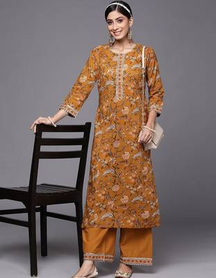 Women Mustard Yellow Floral Printed Panelled Gotta Patti Pure Cotton Kurta with Palazzos 7