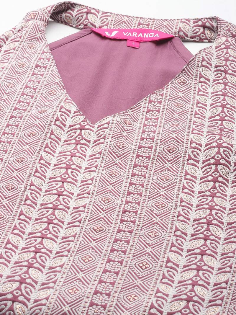Mauve Floral Woven Design Sleeveless Straight Kurta with Palazzos