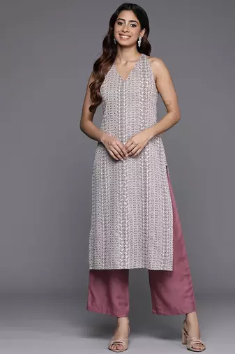Mauve Floral Woven Design Sleeveless Straight Kurta with Palazzos