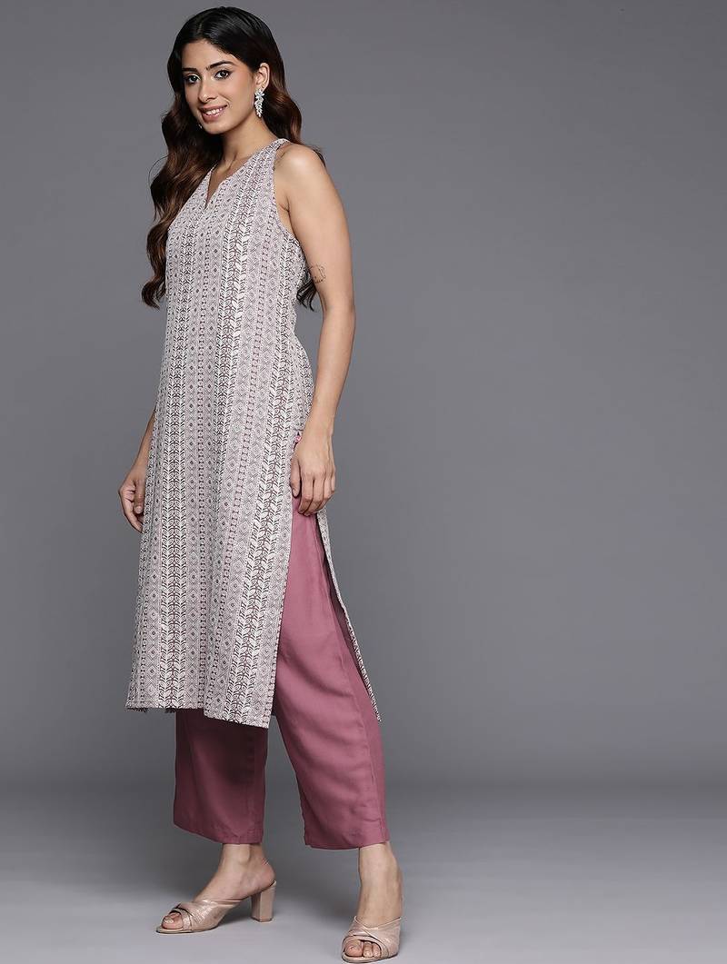 Mauve Floral Woven Design Sleeveless Straight Kurta with Palazzos