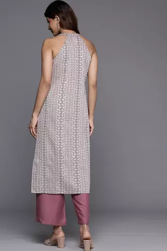 Mauve Floral Woven Design Sleeveless Straight Kurta with Palazzos