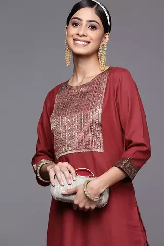 Women Maroon Ethnic Motifs Yoke Design Kurta with Palazzos