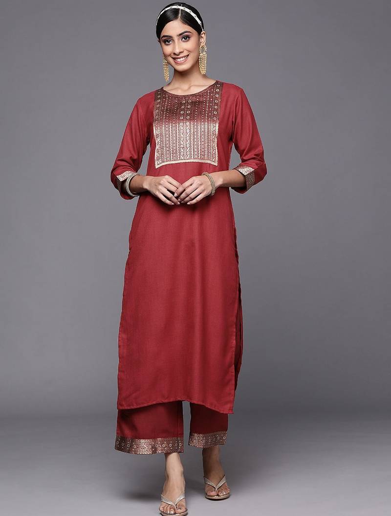 Women Maroon Ethnic Motifs Yoke Design Kurta with Palazzos