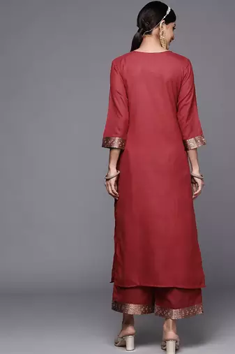 Women Maroon Ethnic Motifs Yoke Design Kurta with Palazzos