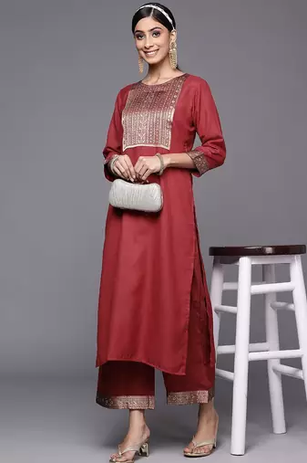 Women Maroon Ethnic Motifs Yoke Design Kurta with Palazzos