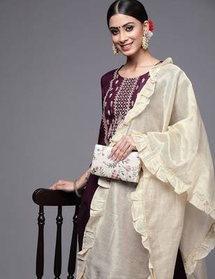 Women Purple & Cream Embroidered Gotta Patti Kurta with Trousers & Dupatta 1