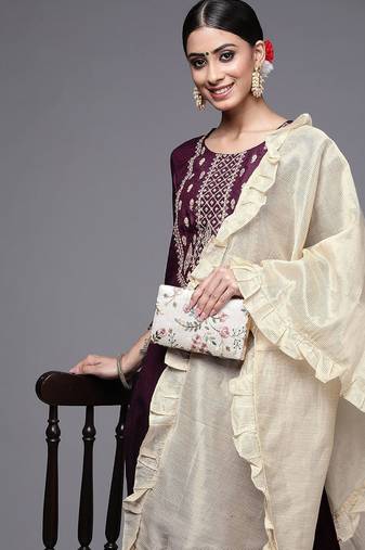 Women Purple & Cream Embroidered Gotta Patti Kurta with Trousers & Dupatta