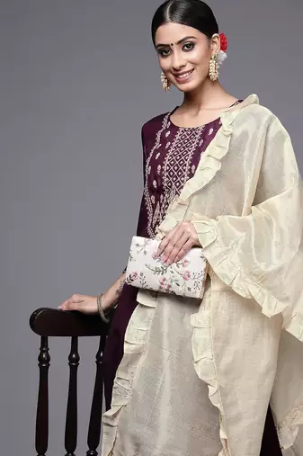 Women Purple & Cream Embroidered Gotta Patti Kurta with Trousers & Dupatta
