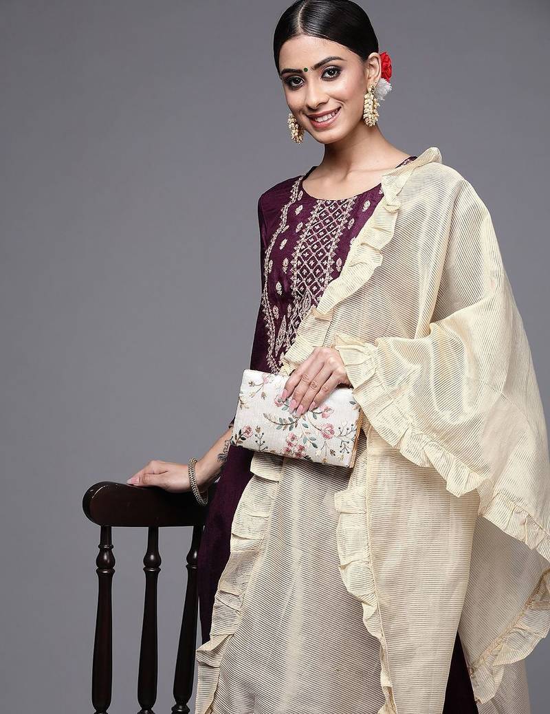 Women Purple & Cream Embroidered Gotta Patti Kurta with Trousers & Dupatta