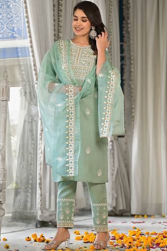 Ethnic Motifs Embroidered Regular Thread Work Kurta with Trousers & Dupatta