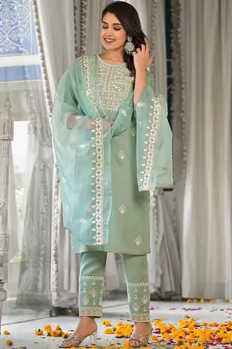Ethnic Motifs Embroidered Regular Thread Work Kurta with Trousers & Dupatta