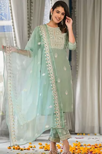 Ethnic Motifs Embroidered Regular Thread Work Kurta with Trousers & Dupatta