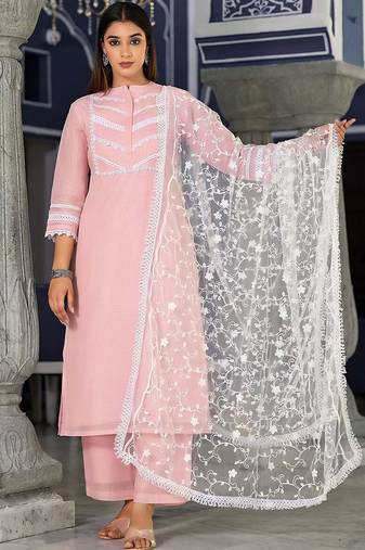 Ethnic Motifs Yoke Design Regular Thread Work Kurta with Trousers & Dupatta