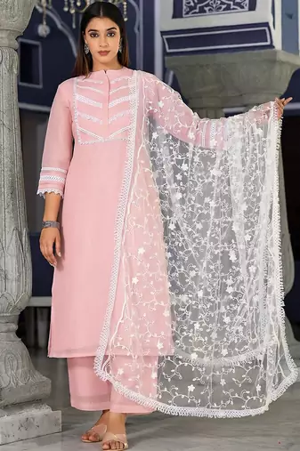 Ethnic Motifs Yoke Design Regular Thread Work Kurta with Trousers & Dupatta