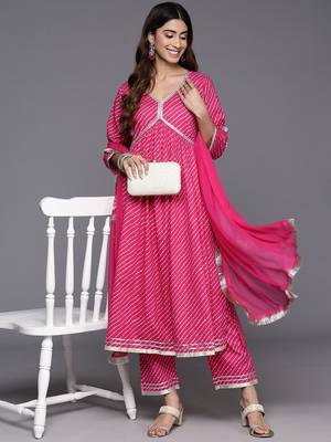 Women Leheriya Printed Empire Gotta Patti Pure Cotton Kurta with Trousers & With Dupatta 1