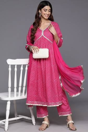 Women Leheriya Printed Empire Gotta Patti Pure Cotton Kurta with Trousers & With Dupatta