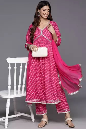Women Leheriya Printed Empire Gotta Patti Pure Cotton Kurta with Trousers & With Dupatta