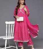 Women Leheriya Printed Empire Gotta Patti Pure Cotton Kurta with Trousers & With Dupatta