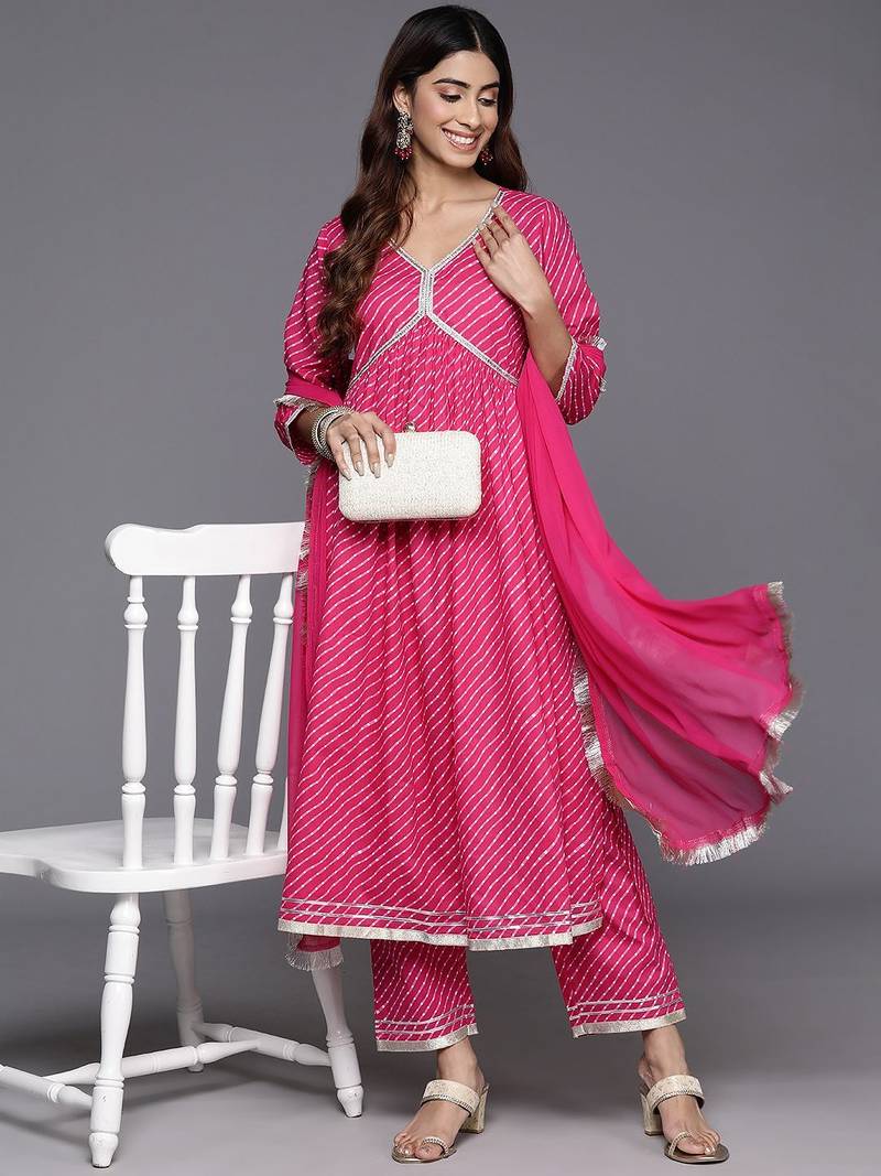 Women Leheriya Printed Empire Gotta Patti Pure Cotton Kurta with Trousers & With Dupatta